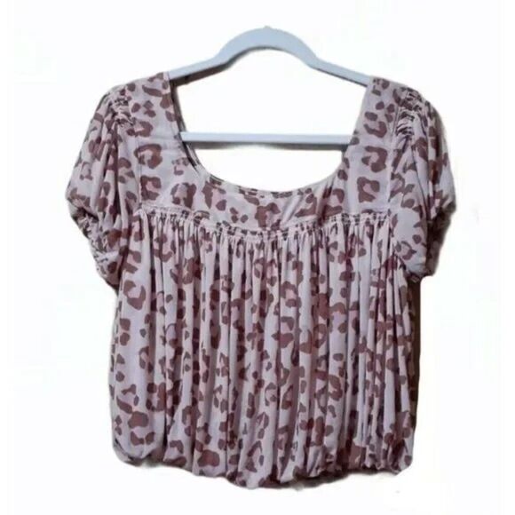 Free People Meg's Animal Print Cropped Mesh Top Pink Brown Short Sleeves Sz S - Picture 5 of 7